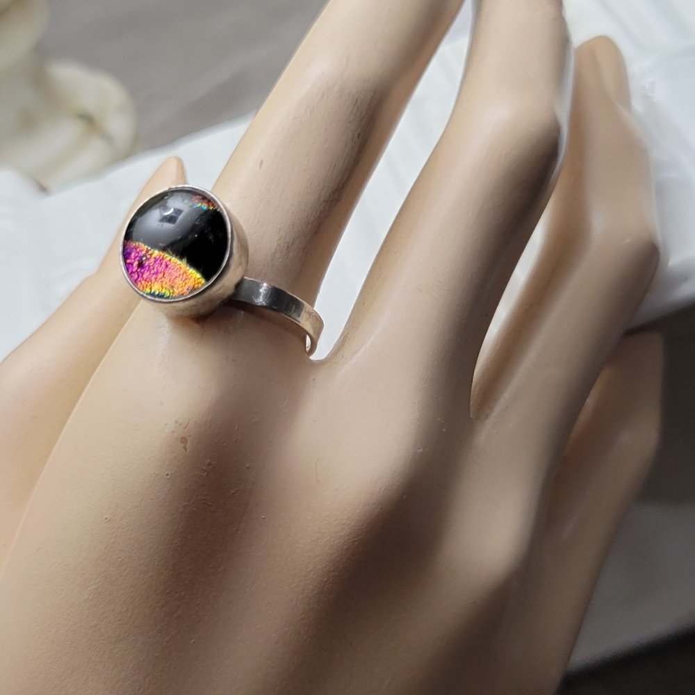Artisan Dichroic Glass Hand made Stament Ring 925 OPEN SIZE FROM 7 TO 8